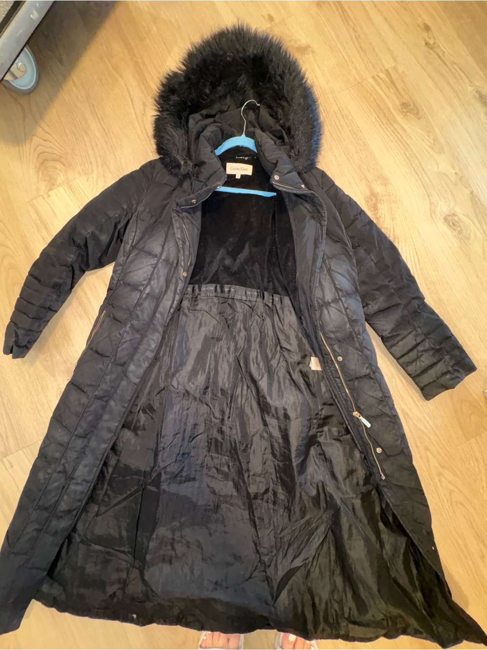 Calvin Klein Long Black Faux-Fur Hooded Puffer Coat
